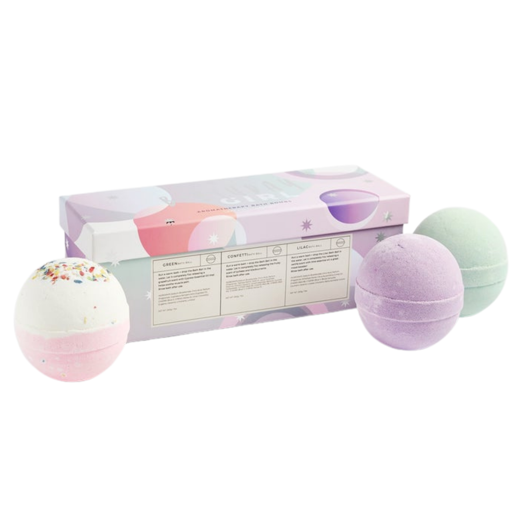 Miss Patisserie Birthday Girl Aromatherapy bath ball gift set. Contains three bath balls. Picture shows all three in a lovely gift box. Vegan and cruelty-free. Available at Lovethical along with plenty of other vegan and cruelty-free beauty products, makeup, make up, toiletries and cosmetics for all your gift and present needs. 