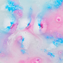 Load image into Gallery viewer, Miss Patisserie peony and pear bath slab. Picture shows beautiful bath water that is white, pink and blue from the bath bomb. Vegan and cruelty-free. Available at Lovethical along with plenty of other vegan and cruelty-free beauty products, makeup, make up, toiletries and cosmetics for all your gift and present needs. 
