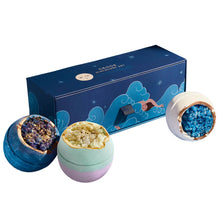 Load image into Gallery viewer, Miss Patisserie Geode Discovery bath bomb gift set. Contains three bath bombs. Picture shows all three alongside a lovely gift box. Vegan and cruelty-free. Available at Lovethical along with plenty of other vegan and cruelty-free beauty products, makeup, make up, toiletries and cosmetics for all your gift and present needs. 
