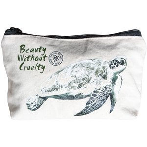 Beauty Without Cruelty makeup bag with a turle printed on the front. Vegan and cruelty-free. Available at Lovethical along with plenty of other vegan and cruelty-free beauty products, makeup, make up, toiletries and cosmetics for all your gift and present needs. 