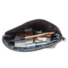 Load image into Gallery viewer, Beauty Without Cruelty makeup bag with a turle printed on the front. Image shows the bag open and full of cosmetics. Vegan and cruelty-free. Available at Lovethical along with plenty of other vegan and cruelty-free beauty products, makeup, make up, toiletries and cosmetics for all your gift and present needs. 
