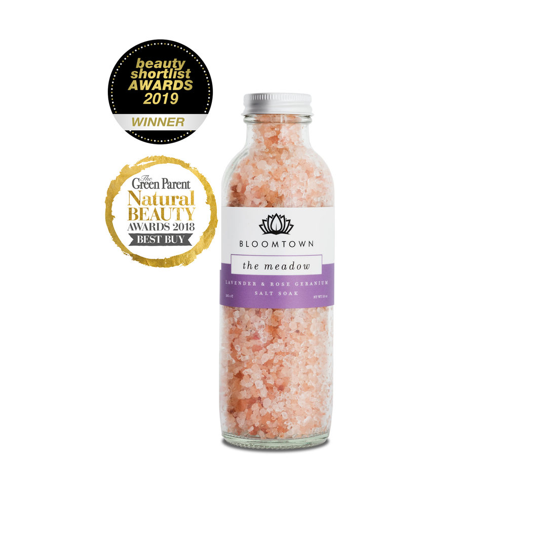 Bloomtown Himalayan salt soak glass bottle - The Meadow - lavender and rose geranium. Includes beauty shortlist awards 2019 winner badge and The Green Parent Natural Beauty Awards 2018 Best Buy winner badge. Vegan and cruelty-free. Available at Lovethical along with plenty of other vegan and cruelty-free beauty products, makeup, make up, toiletries and cosmetics for all your gift and present needs. 