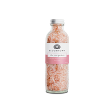 Load image into Gallery viewer, Bloomtown Himalayan salt soak glass bottle - The Rose Garden - musk rose and white flowers. Vegan and cruelty-free. Available at Lovethical along with plenty of other vegan and cruelty-free beauty products, makeup, make up, toiletries and cosmetics for all your gift and present needs. 

