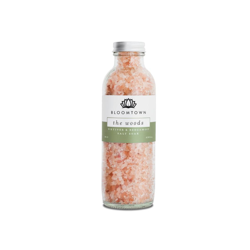 Bloomtown Himalayan salt soak glass bottle - The Woods - vetiver and bergamot. Vegan and cruelty-free. Available at Lovethical along with plenty of other vegan and cruelty-free beauty products, makeup, make up, toiletries and cosmetics for all your gift and present needs. 