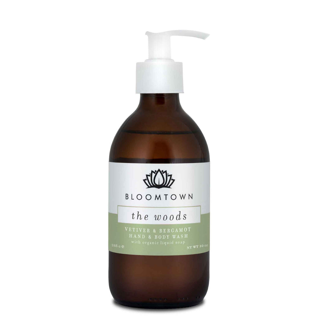 Bloomtown hand and body wash - the woods - vetiver and bergamot. Vegan and cruelty-free. Available at Lovethical along with plenty of other vegan and cruelty-free beauty products, makeup, make up, toiletries and cosmetics for all your gift and present needs. 