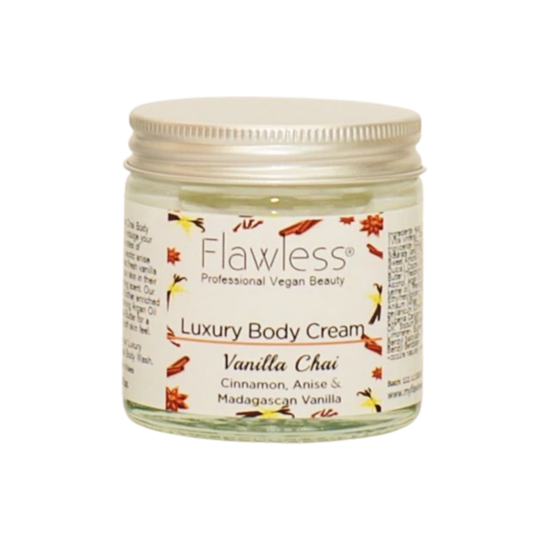 Flawless body cream - vanilla chai. Image shows a close-up of the product in a glass jar and aluminium lid. Vegan and cruelty-free. Available at Lovethical along with plenty of other vegan and cruelty-free beauty products, makeup, make up, toiletries and cosmetics for all your gift and present needs. 