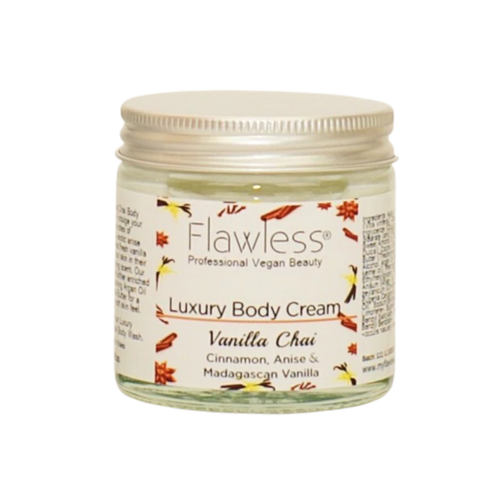 Flawless body cream - vanilla chai. Image shows a close-up of the product in a glass jar and aluminium lid. Vegan and cruelty-free. Available at Lovethical along with plenty of other vegan and cruelty-free beauty products, makeup, make up, toiletries and cosmetics for all your gift and present needs. 