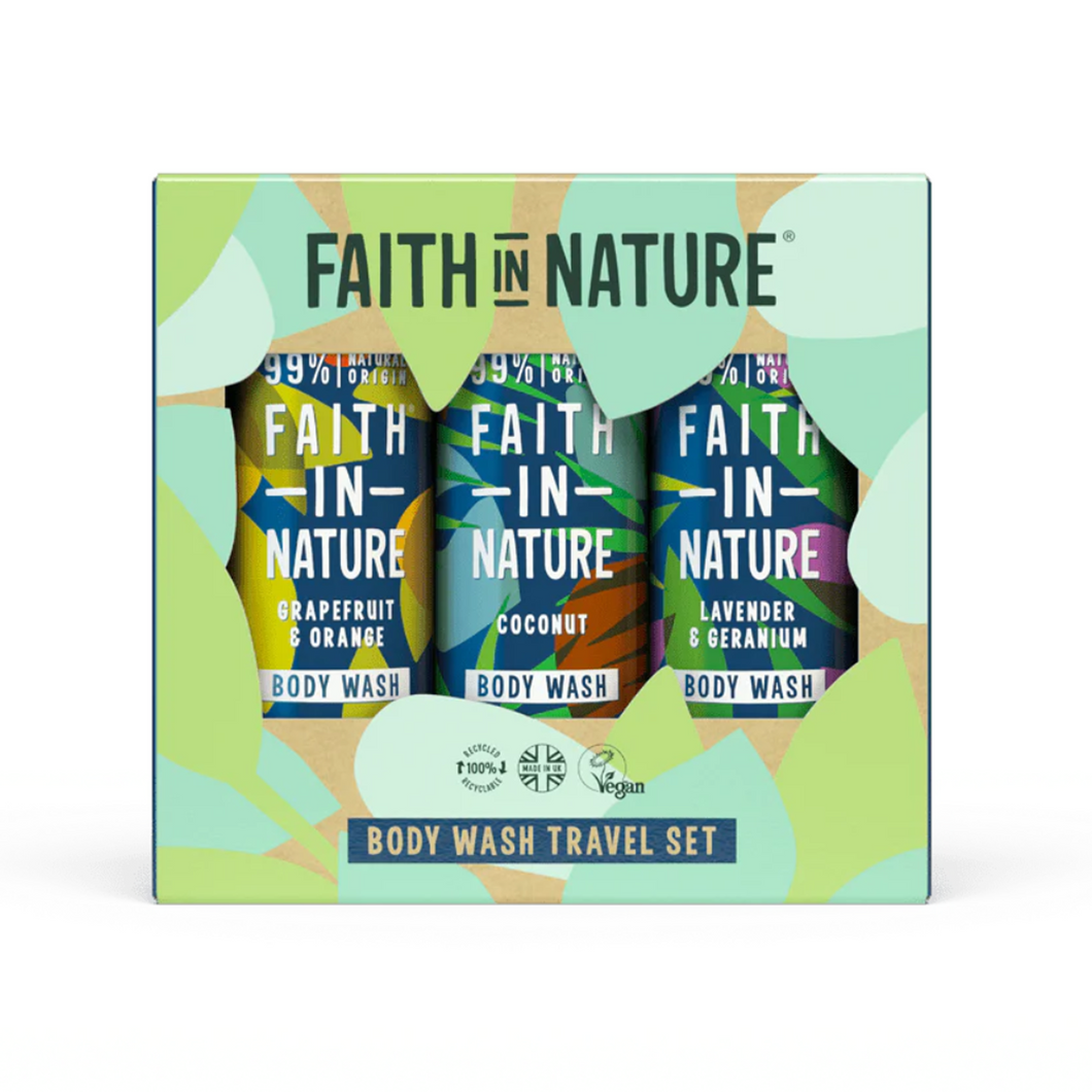 Faith in Nature Body Wash Travel Sized Gift Set - image shows the gift set, which contains three travel-sized body washes in a decorated cardboard box. Vegan and cruelty-free. Available at Lovethical along with plenty of other vegan and cruelty-free beauty products, makeup, make up, toiletries and cosmetics for all your gift and present needs. 