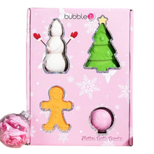 Load image into Gallery viewer, Bubble T Cosmetics Festive Bath Bomb Gift Set. Image shows the gift set with the 4 bath bombs inside. Vegan and cruelty-free. Available at Lovethical along with plenty of other vegan and cruelty-free beauty products, makeup, make up, toiletries and cosmetics for all your gift and present needs.
