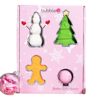 Bubble T Cosmetics Festive Bath Bomb Gift Set. Image shows the gift set with the 4 bath bombs inside. Vegan and cruelty-free. Available at Lovethical along with plenty of other vegan and cruelty-free beauty products, makeup, make up, toiletries and cosmetics for all your gift and present needs.