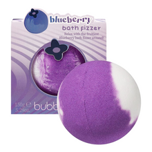 Load image into Gallery viewer, Bubble T Cosmetics blueberry bath bomb. Image shows two bath bombs - one in its packaging and the other out of its packaging. Vegan and cruelty-free. Available at Lovethical along with plenty of other vegan and cruelty-free beauty products, makeup, make up, toiletries and cosmetics for all your gift and present needs.
