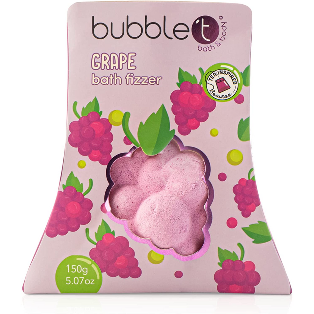 Bubble T Cosmetics grape bath bomb. Image shows the bath bomb in its packaging. Vegan and cruelty-free. Available at Lovethical along with plenty of other vegan and cruelty-free beauty products, makeup, make up, toiletries and cosmetics for all your gift and present needs.