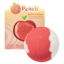 Load image into Gallery viewer, Bubble T Cosmetics peach bath bomb. Image shows two bath bombs - one in its packaging and the other out of its packaging. Vegan and cruelty-free. Available at Lovethical along with plenty of other vegan and cruelty-free beauty products, makeup, make up, toiletries and cosmetics for all your gift and present needs.
