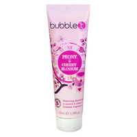 Bubble T Cosmetics peony and cherry blossom shower gel. Image shows the shower gel by itself. Vegan and cruelty-free. Available at Lovethical along with plenty of other vegan and cruelty-free beauty products, makeup, make up, toiletries and cosmetics for all your gift and present needs.