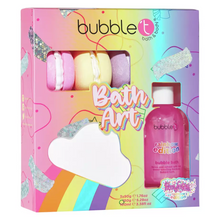 Load image into Gallery viewer, Bubble T Cosmetics rainbow bath art gift set. Image shows the bath bomb gift set in its packaging. Vegan and cruelty-free. Available at Lovethical along with plenty of other vegan and cruelty-free beauty products, makeup, make up, toiletries and cosmetics for all your gift and present needs.
