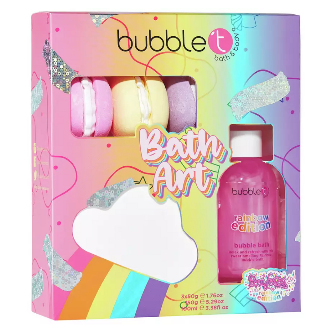 Bubble T Cosmetics rainbow bath art gift set. Image shows the bath bomb gift set in its packaging. Vegan and cruelty-free. Available at Lovethical along with plenty of other vegan and cruelty-free beauty products, makeup, make up, toiletries and cosmetics for all your gift and present needs.