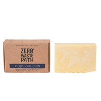 Zero Waste Path citrus solid lotion with white background. Vegan and cruelty-free. Available at Lovethical along with plenty of other vegan and cruelty-free beauty products, makeup, make up, toiletries and cosmetics for all your gift and present needs. 