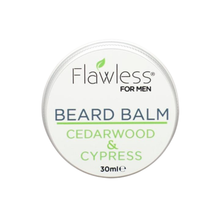 Load image into Gallery viewer, Flawless cedarwood and cypress beard balm closed tin with white background. Vegan and cruelty-free. Available at Lovethical along with plenty of other vegan and cruelty-free beauty products, makeup, make up, toiletries and cosmetics for all your gift and present needs. 
