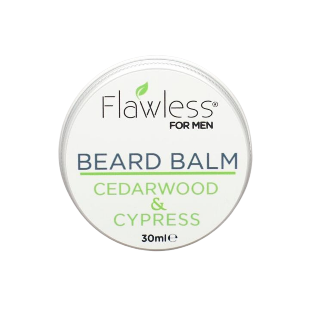 Flawless cedarwood and cypress beard balm closed tin with white background. Vegan and cruelty-free. Available at Lovethical along with plenty of other vegan and cruelty-free beauty products, makeup, make up, toiletries and cosmetics for all your gift and present needs. 