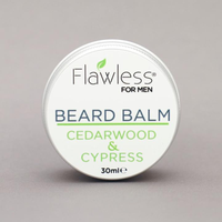 Flawless cedarwood and cypress beard balm closed tin with brown background. Vegan and cruelty-free. Available at Lovethical along with plenty of other vegan and cruelty-free beauty products, makeup, make up, toiletries and cosmetics for all your gift and present needs. 