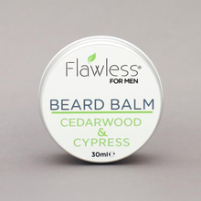 Load image into Gallery viewer, Flawless cedarwood and cypress beard balm closed tin with brown background. Vegan and cruelty-free. Available at Lovethical along with plenty of other vegan and cruelty-free beauty products, makeup, make up, toiletries and cosmetics for all your gift and present needs. 
