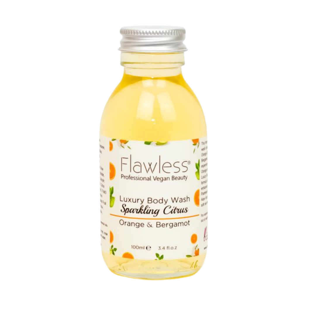 1 glass bottle of Flawless luxury body wash - Sparkling Citrus - orange and bergamot. Vegan and cruelty-free. Available at Lovethical along with plenty of other vegan and cruelty-free beauty products, makeup, make up, toiletries and cosmetics for all your gift and present needs. 