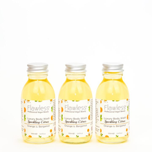 Load image into Gallery viewer, 3 glass bottles of Flawless luxury body wash - Sparkling Citrus - orange and bergamot. Vegan and cruelty-free. Available at Lovethical along with plenty of other vegan and cruelty-free beauty products, makeup, make up, toiletries and cosmetics for all your gift and present needs. 
