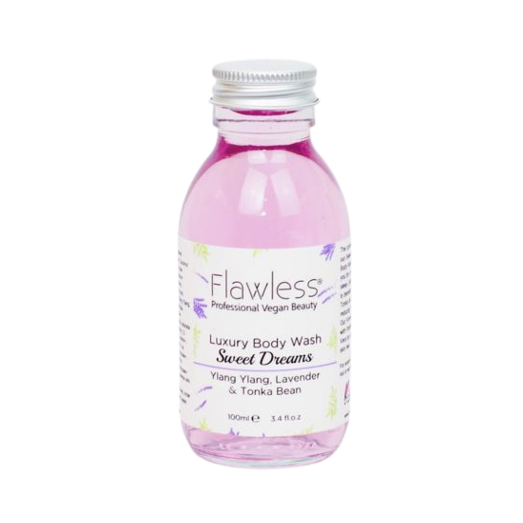 1 glass bottle of Flawless Luxury Body Wash - Sweet Dreams - ylang ylang, lavender and tonka bean. Vegan and cruelty-free. Available at Lovethical along with plenty of other vegan and cruelty-free beauty products, makeup, make up, toiletries and cosmetics for all your gift and present needs. 