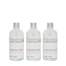 Load image into Gallery viewer, 3 glass bottles of Flawless hydrating toner - rose and lavender. Vegan and cruelty-free. Available at Lovethical along with plenty of other vegan and cruelty-free beauty products, makeup, make up, toiletries and cosmetics for all your gift and present needs. 
