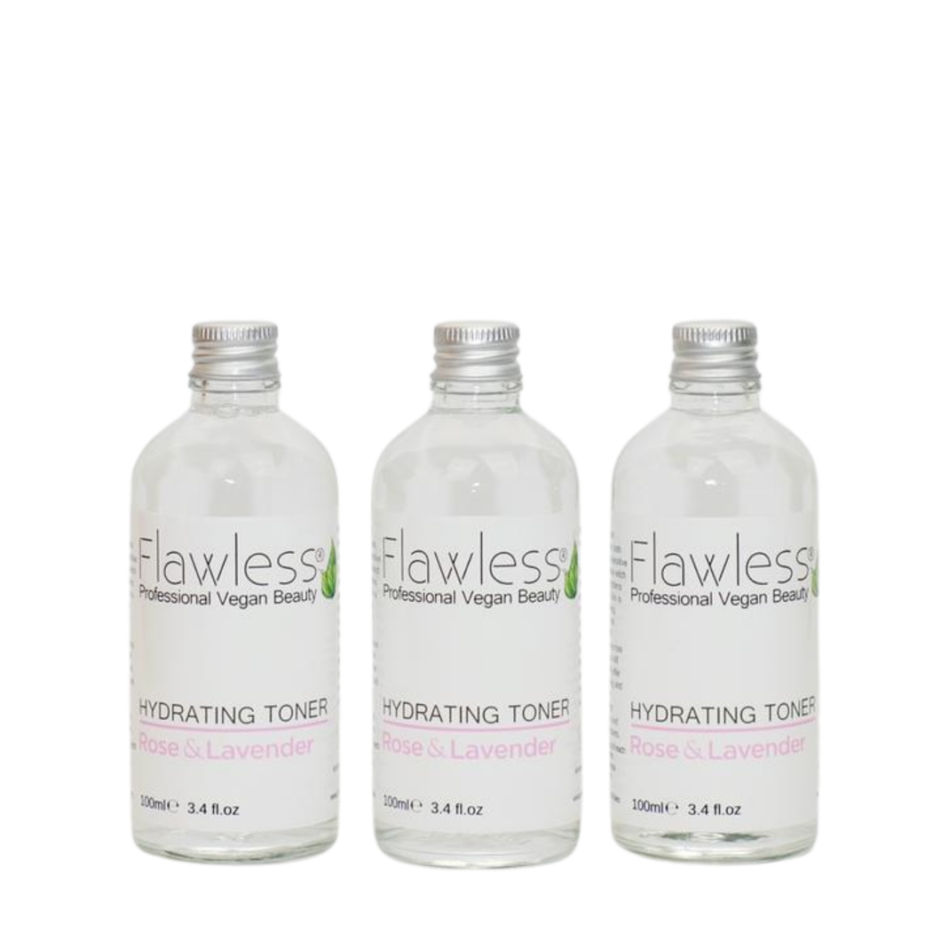 3 glass bottles of Flawless hydrating toner - rose and lavender. Vegan and cruelty-free. Available at Lovethical along with plenty of other vegan and cruelty-free beauty products, makeup, make up, toiletries and cosmetics for all your gift and present needs. 