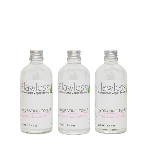 3 glass bottles of Flawless hydrating toner - rose and lavender. Vegan and cruelty-free. Available at Lovethical along with plenty of other vegan and cruelty-free beauty products, makeup, make up, toiletries and cosmetics for all your gift and present needs. 