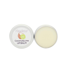 Load image into Gallery viewer, Flawless coconut and lime lip balm open tin. Vegan and cruelty-free. Available at Lovethical along with plenty of other vegan and cruelty-free beauty products, makeup, make up, toiletries and cosmetics for all your gift and present needs. 
