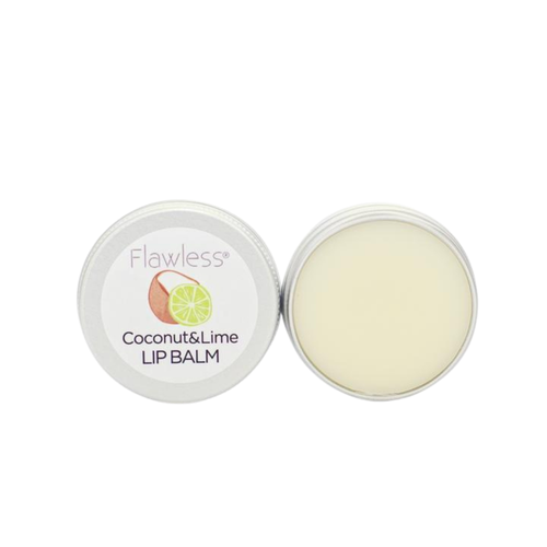 Flawless coconut and lime lip balm open tin. Vegan and cruelty-free. Available at Lovethical along with plenty of other vegan and cruelty-free beauty products, makeup, make up, toiletries and cosmetics for all your gift and present needs. 