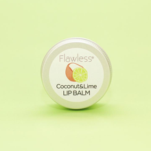 Load image into Gallery viewer, Flawless coconut and lime lip balm closed tin. Vegan and cruelty-free. Available at Lovethical along with plenty of other vegan and cruelty-free beauty products, makeup, make up, toiletries and cosmetics for all your gift and present needs. 
