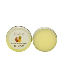 Load image into Gallery viewer, Flawless coconut and pineapple lip balm open tin. Vegan and cruelty-free. Available at Lovethical along with plenty of other vegan and cruelty-free beauty products, makeup, make up, toiletries and cosmetics for all your gift and present needs. 
