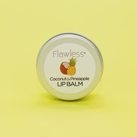 Flawless coconut and pineapple lip balm closed tin. Vegan and cruelty-free. Available at Lovethical along with plenty of other vegan and cruelty-free beauty products, makeup, make up, toiletries and cosmetics for all your gift and present needs. 