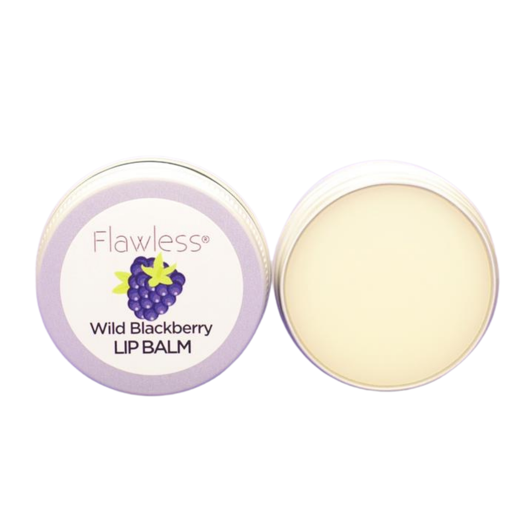 Flawless wild blackberry lip balm open tin. Vegan and cruelty-free. Available at Lovethical along with plenty of other vegan and cruelty-free beauty products, makeup, make up, toiletries and cosmetics for all your gift and present needs. 