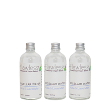 Load image into Gallery viewer, 3 glass bottles of Flawless micellar water - aloe and lavender. Vegan and cruelty-free. Available at Lovethical along with plenty of other vegan and cruelty-free beauty products, makeup, make up, toiletries and cosmetics for all your gift and present needs. 
