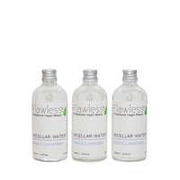 3 glass bottles of Flawless micellar water - aloe and lavender. Vegan and cruelty-free. Available at Lovethical along with plenty of other vegan and cruelty-free beauty products, makeup, make up, toiletries and cosmetics for all your gift and present needs. 