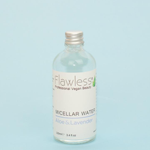 Load image into Gallery viewer, 1 glass bottles of Flawless micellar water - aloe and lavender - with blue background. Vegan and cruelty-free. Available at Lovethical along with plenty of other vegan and cruelty-free beauty products, makeup, make up, toiletries and cosmetics for all your gift and present needs. 
