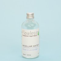 1 glass bottles of Flawless micellar water - aloe and lavender - with blue background. Vegan and cruelty-free. Available at Lovethical along with plenty of other vegan and cruelty-free beauty products, makeup, make up, toiletries and cosmetics for all your gift and present needs. 