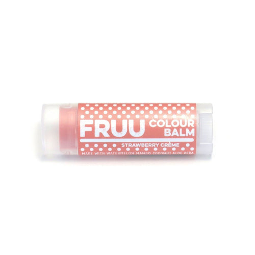 Fruu strawberry crème colour lip balm. Vegan and cruelty-free. Available at Lovethical along with plenty of other vegan and cruelty-free beauty products, makeup, make up, toiletries and cosmetics for all your gift and present needs. 