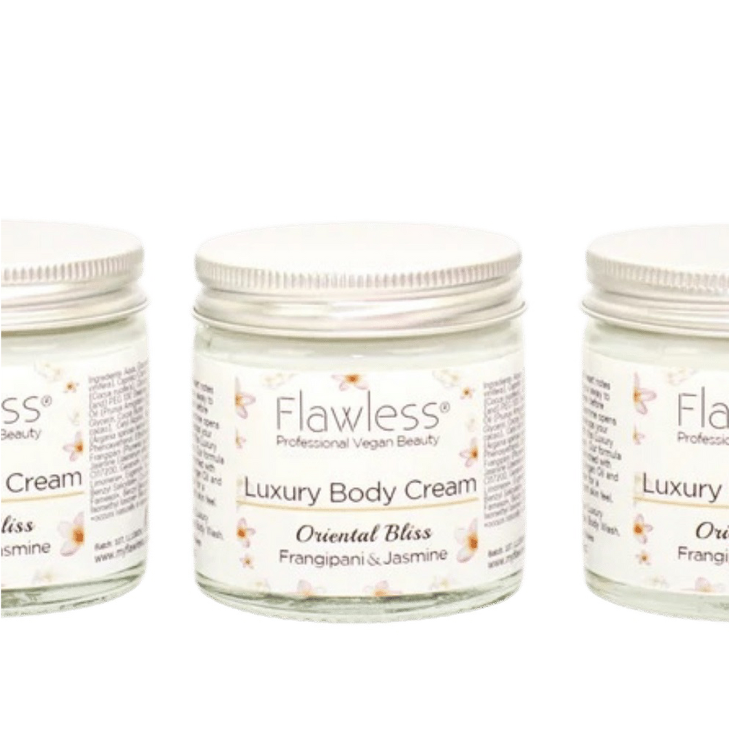 Flawless body cream - oriental bliss. Image shows a close-up of the product in a glass jar and aluminium lid. Vegan and cruelty-free. Available at Lovethical along with plenty of other vegan and cruelty-free beauty products, makeup, make up, toiletries and cosmetics for all your gift and present needs. 