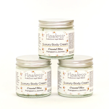 Load image into Gallery viewer, Flawless body cream - oriental bliss. Image shows three of the products. Vegan and cruelty-free. Available at Lovethical along with plenty of other vegan and cruelty-free beauty products, makeup, make up, toiletries and cosmetics for all your gift and present needs. 
