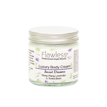 Load image into Gallery viewer, Flawless body cream - sweet dreams. Image shows a close-up of the product in a glass jar and aluminium lid. Vegan and cruelty-free. Available at Lovethical along with plenty of other vegan and cruelty-free beauty products, makeup, make up, toiletries and cosmetics for all your gift and present needs. 
