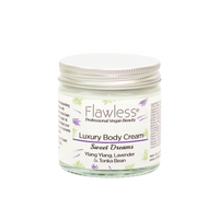 Flawless body cream - sweet dreams. Image shows a close-up of the product in a glass jar and aluminium lid. Vegan and cruelty-free. Available at Lovethical along with plenty of other vegan and cruelty-free beauty products, makeup, make up, toiletries and cosmetics for all your gift and present needs. 