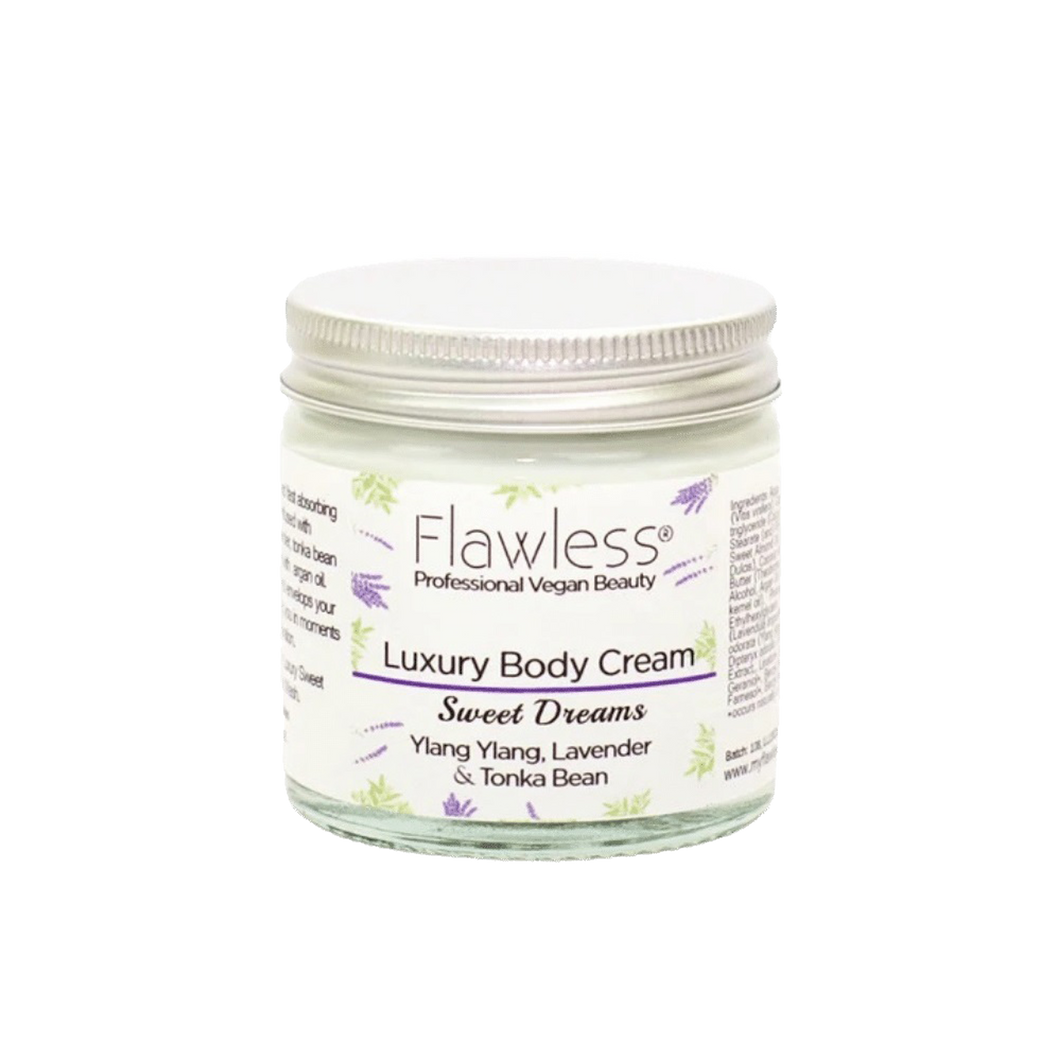 Flawless body cream - sweet dreams. Image shows a close-up of the product in a glass jar and aluminium lid. Vegan and cruelty-free. Available at Lovethical along with plenty of other vegan and cruelty-free beauty products, makeup, make up, toiletries and cosmetics for all your gift and present needs. 