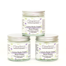 Load image into Gallery viewer, Flawless body cream - sweet dreams. Image shows three of the products. Vegan and cruelty-free. Available at Lovethical along with plenty of other vegan and cruelty-free beauty products, makeup, make up, toiletries and cosmetics for all your gift and present needs. 
