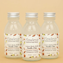 Load image into Gallery viewer, 3 glass bottles of Flawless luxury body wash - vanilla chai. Vegan and cruelty-free. Available at Lovethical along with plenty of other vegan and cruelty-free beauty products, makeup, make up, toiletries and cosmetics for all your gift and present needs. 
