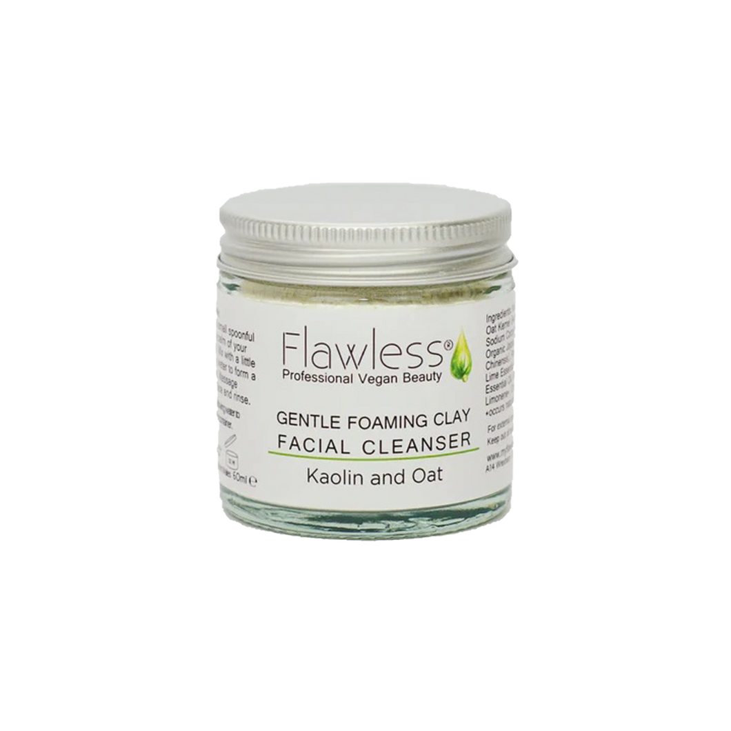Flawless gentle foaming clay facial cleanser. Image shows a close-up of the product in a glass jar and aluminium lid. Vegan and cruelty-free. Available at Lovethical along with plenty of other vegan and cruelty-free beauty products, makeup, make up, toiletries and cosmetics for all your gift and present needs. 